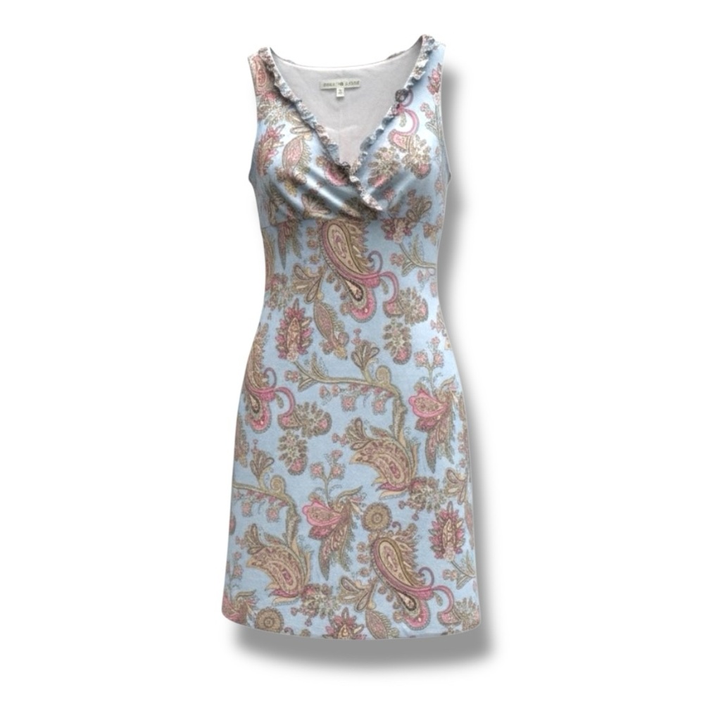 TOMMY HILFIGER Paisley V-Neck Midi Dress 100% Linen Light Blue Pastel Size 12